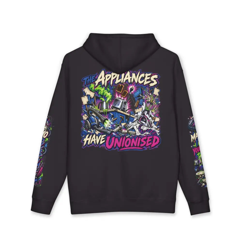 Black heavyweight hooded sweatshirt with vibrant graffiti-style the appliances have unionised graphic in purple and white