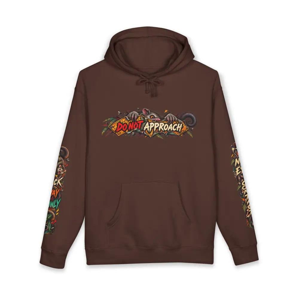 Brown heavyweight hooded sweatshirt featuring vibrant do not approach graphic with cartoon hands and colorful sleeve designs