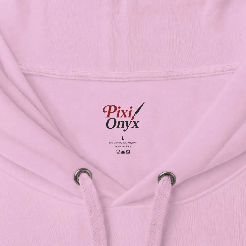 Pink heavyweight hooded sweatshirt from pixi onyx with silver drawstring toggles featuring wildlife warning graphic
