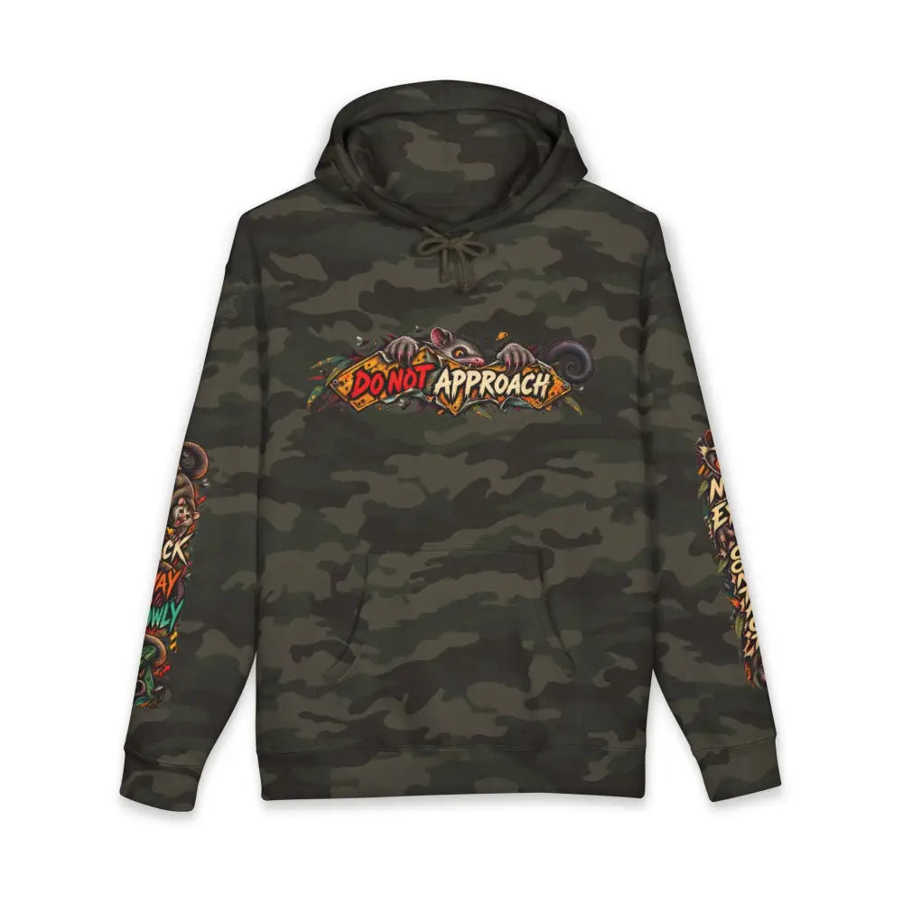 Dark green heavyweight hooded sweatshirt with vibrant do not approach graphic and colorful sleeve designs unisex hoodie