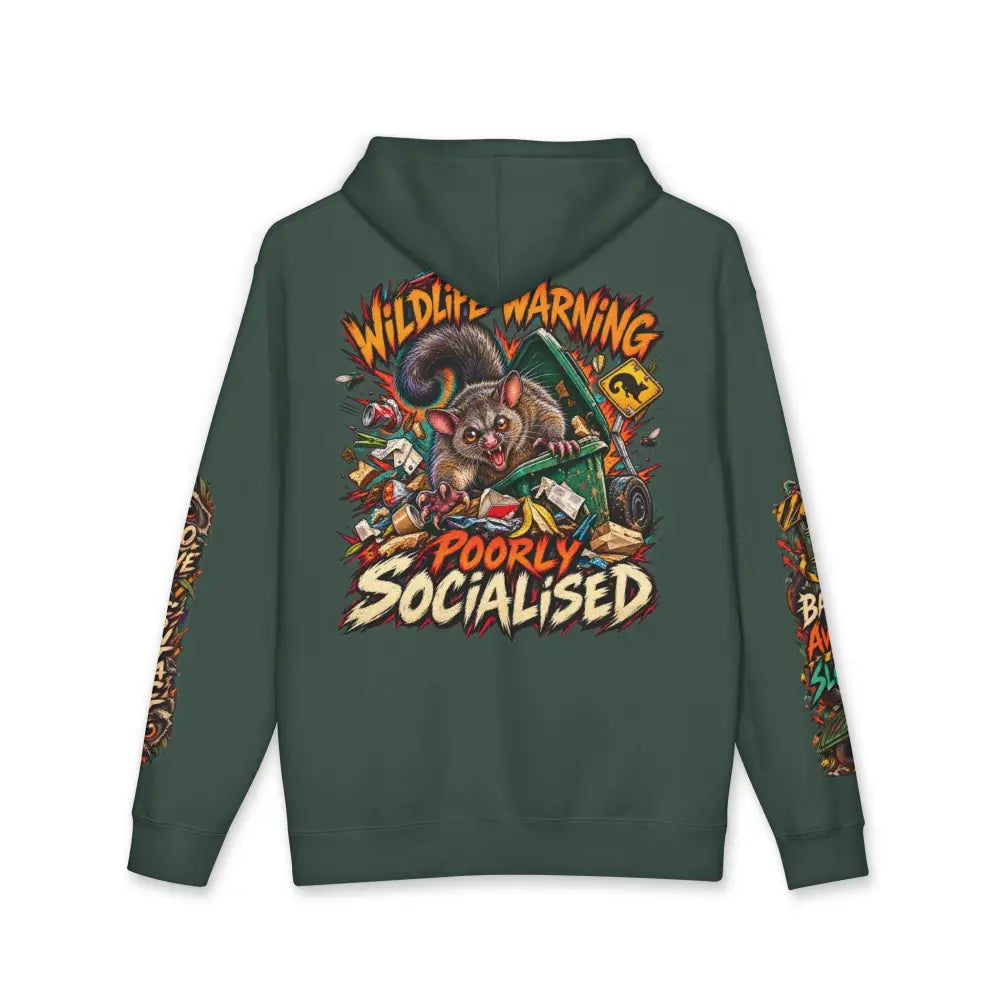 Dark green heavyweight hooded sweatshirt with vibrant cartoon marsupial graphic and wildlife warning text for casual wear