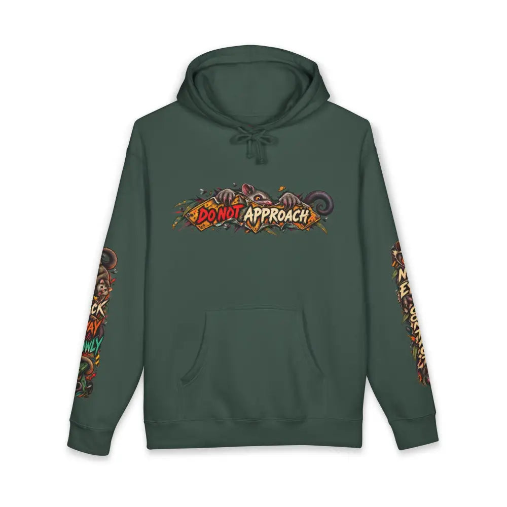 Dark green heavyweight hooded sweatshirt featuring a vibrant do not approach graphic with cartoon creatures and detailed sleeves