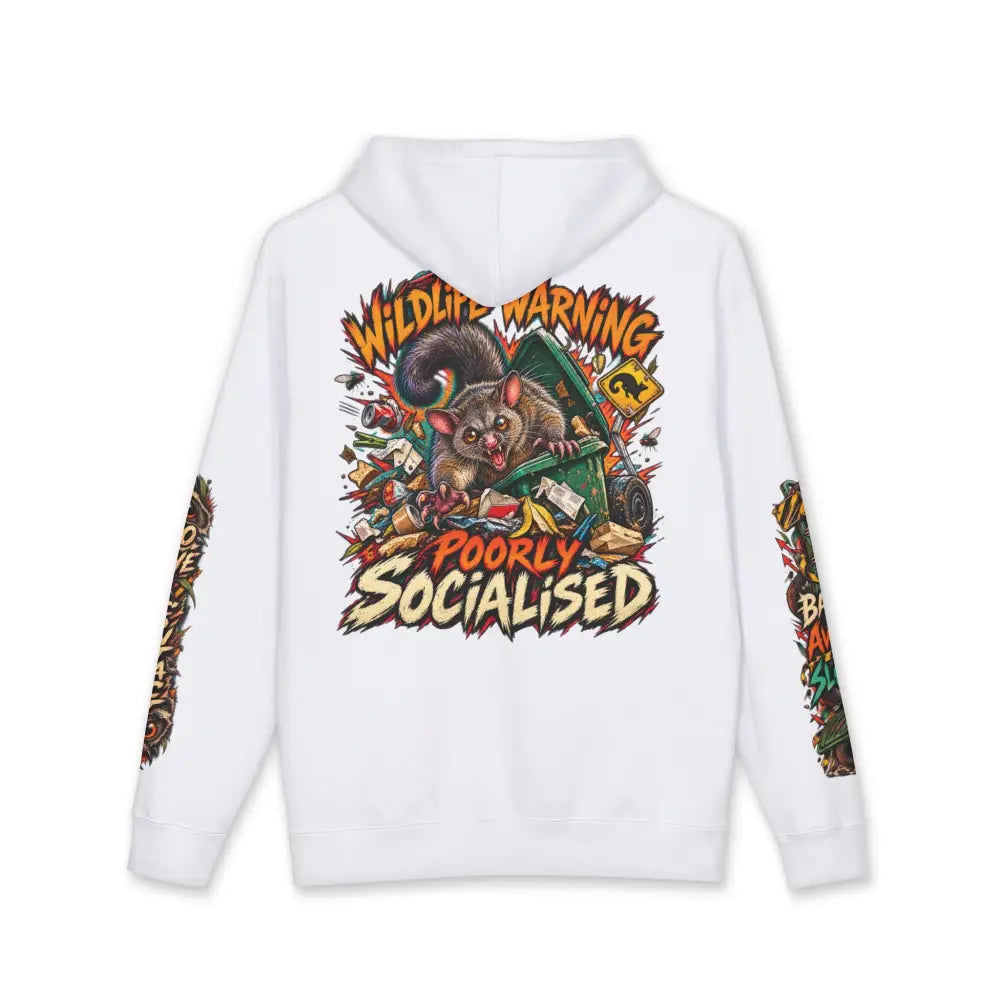 White heavyweight hooded sweatshirt featuring a vibrant cartoon marsupial graphic with wildlife warning text