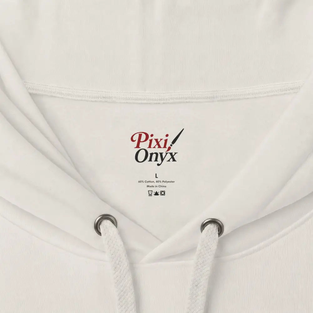 White pixi onyx heavyweight hooded sweatshirt with silver drawstring eyelets and soft cotton polyester blend fabric