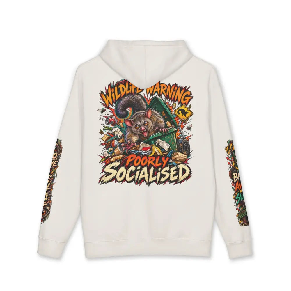 Off-white heavyweight hooded sweatshirt featuring a vibrant marsupial graphic with wildlife warning text and colorful sleeves