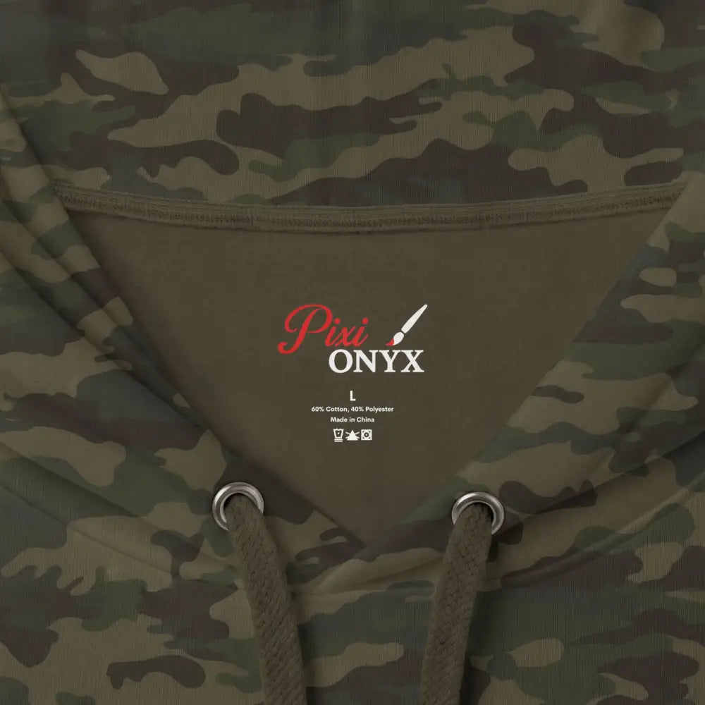 Unisex camouflage heavyweight hooded sweatshirt with gray pixi onyx tag and wildlife warning graphic for outdoor use