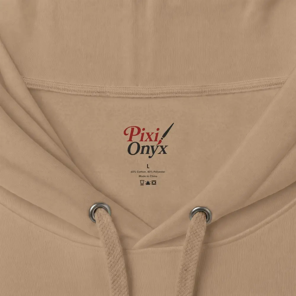 Beige pixi onyx unisex heavyweight hooded sweatshirt with metallic drawstring eyelets and wildlife warning graphic