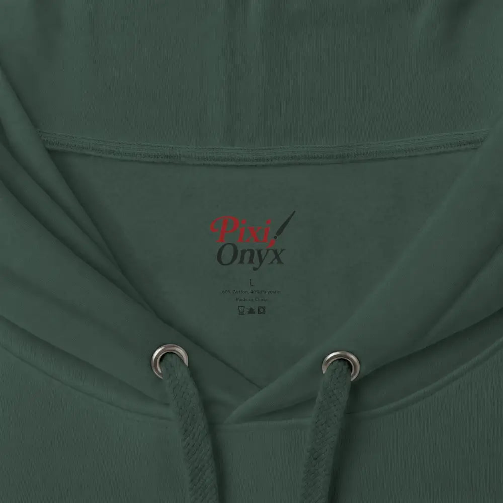 Dark green heavyweight hooded sweatshirt with soft textured fabric and silver drawstring eyelets featuring wildlife warning graphic