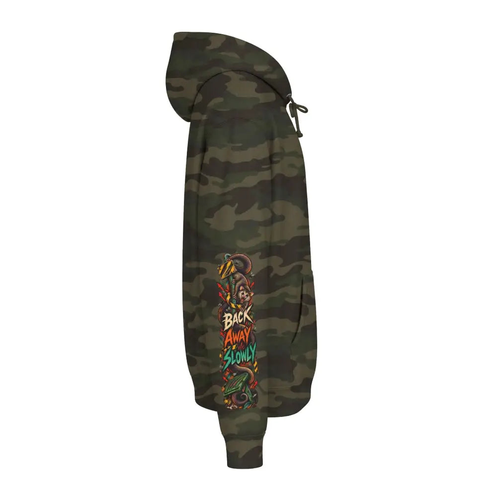 Dark green heavyweight hooded sweatshirt with vibrant wildlife warning graphic on left sleeve for bold style