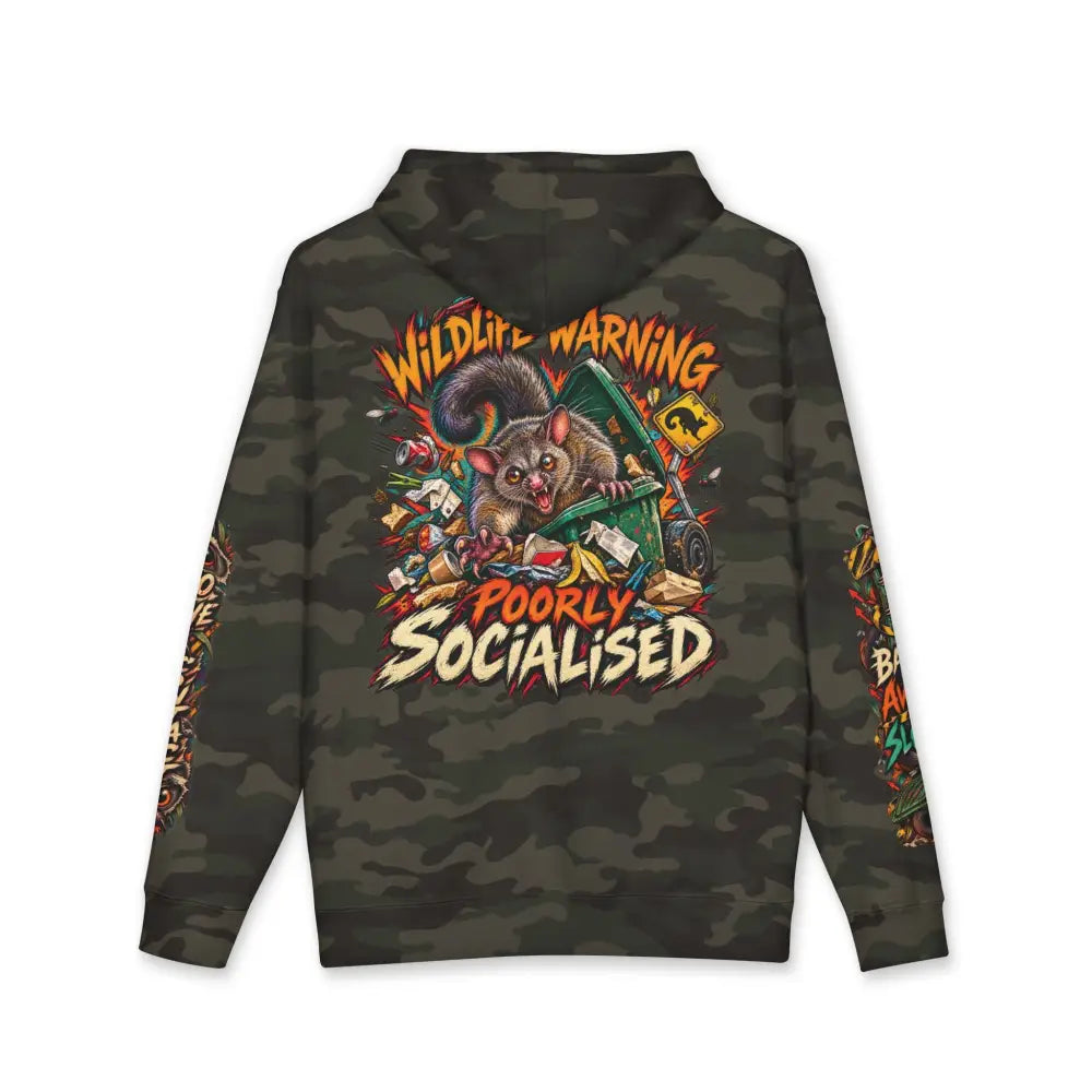 Dark green heavyweight hooded sweatshirt with vibrant marsupial graphic and wildlife warning text for casual wear