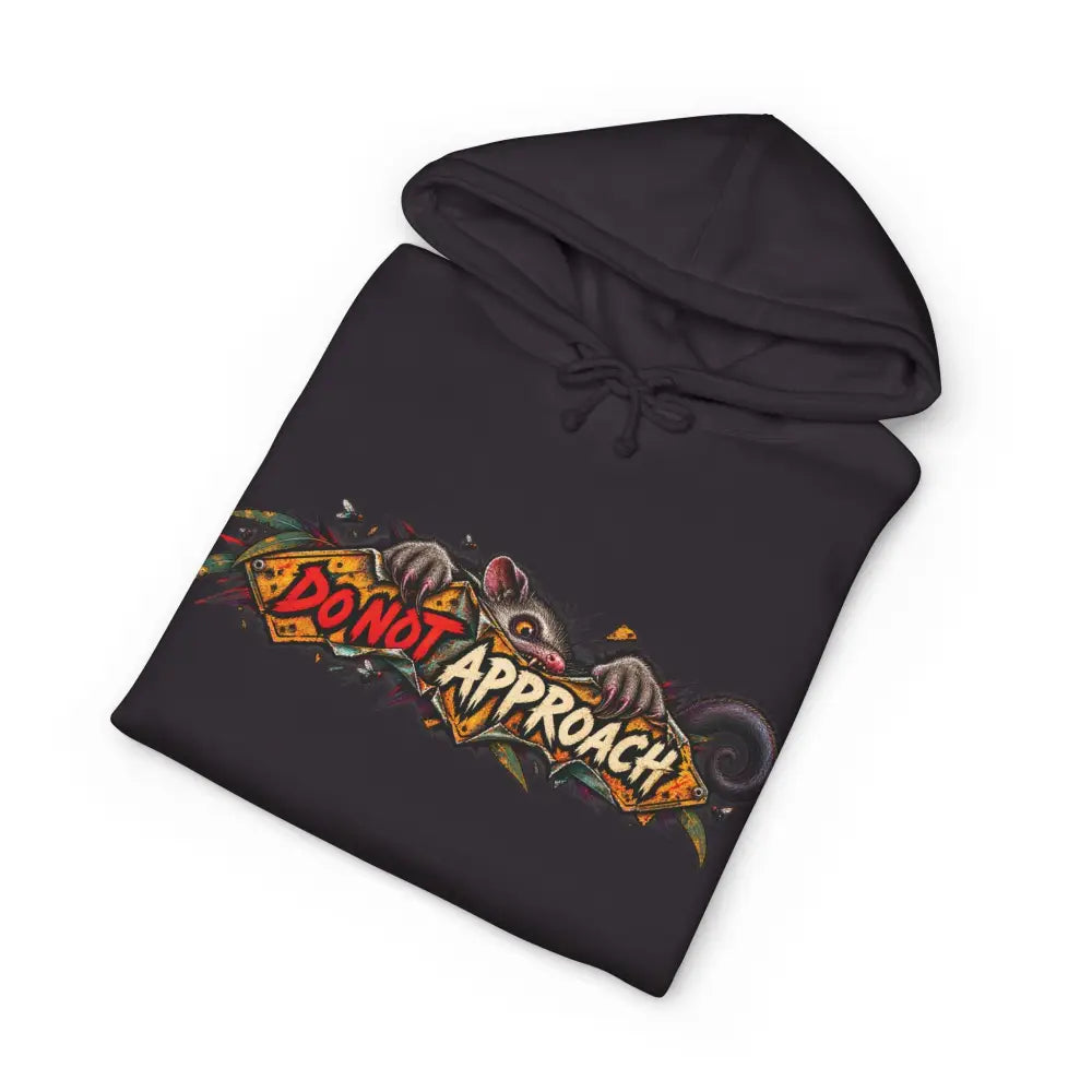 Black heavyweight hooded sweatshirt featuring a vibrant opossum graphic holding a do not approach sign with graffiti details