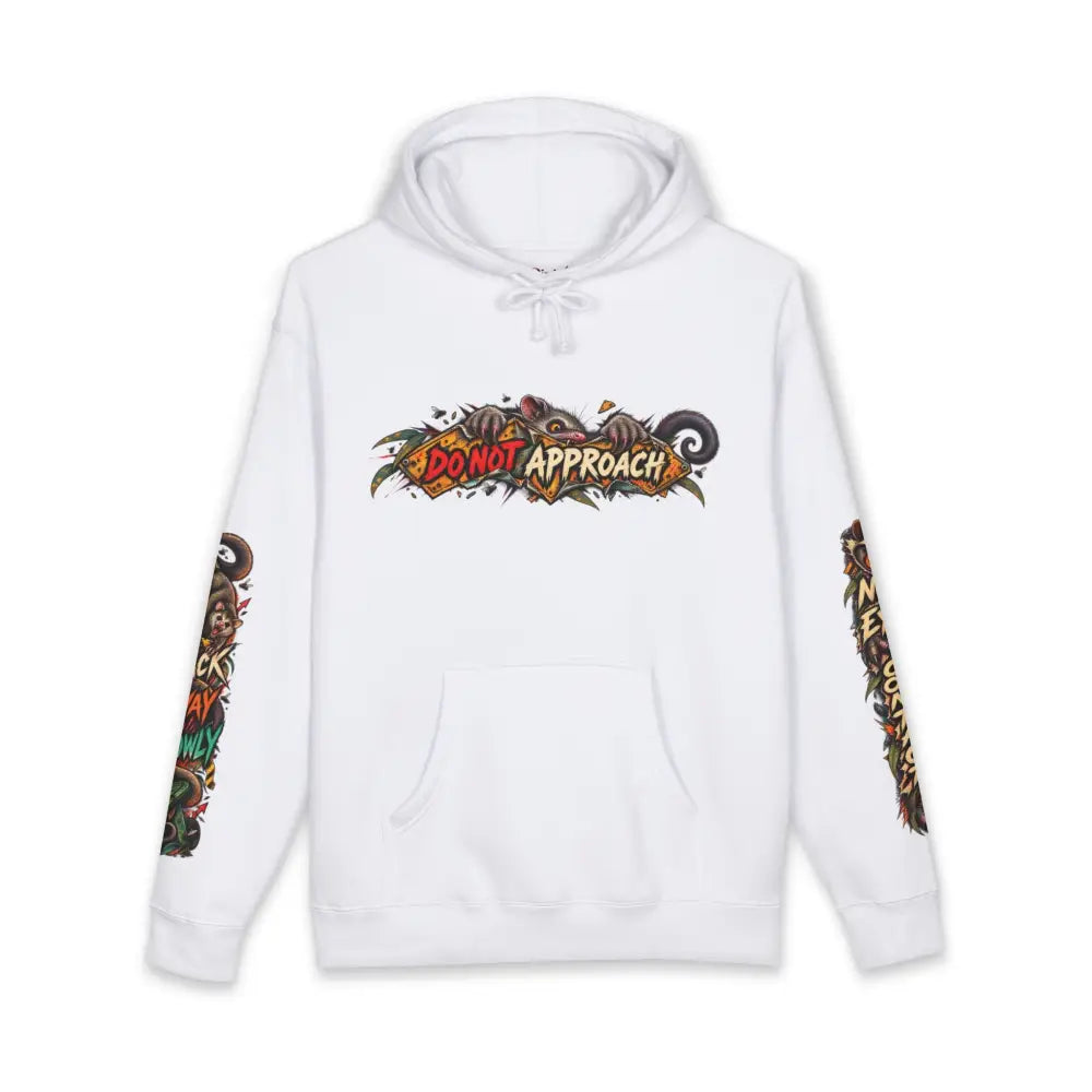 White heavyweight hooded sweatshirt featuring a vibrant do not approach graphic with colorful animal designs across the chest