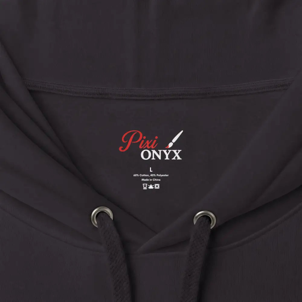 Black heavyweight hooded sweatshirt with red and white pixi onyx logo tag made of 60 cotton 40 polyester