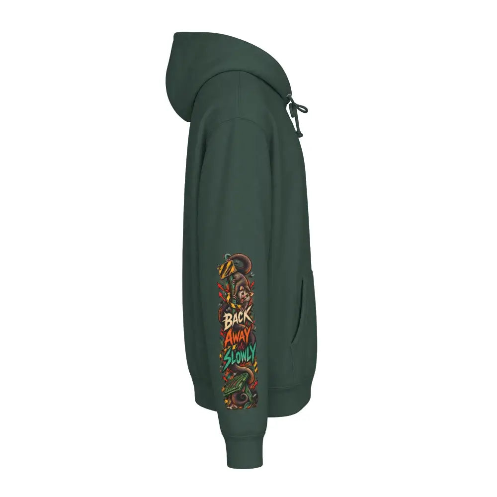 Dark green heavyweight hooded sweatshirt with a vibrant monkey graphic and back away slowly text on the left sleeve