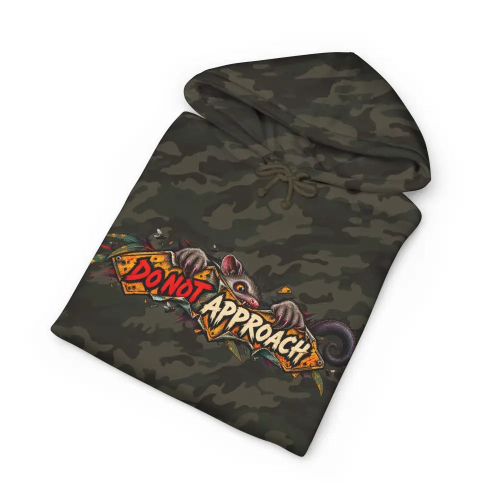 Dark green heavyweight hooded sweatshirt with opossum graphic holding do not approach sign unisex hoodie brings wildlife warning