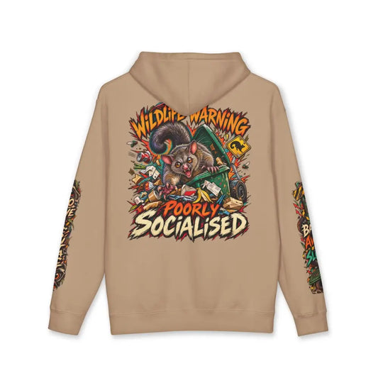 Beige heavyweight hooded sweatshirt featuring a vibrant cartoon marsupial in trash can with wildlife warning text