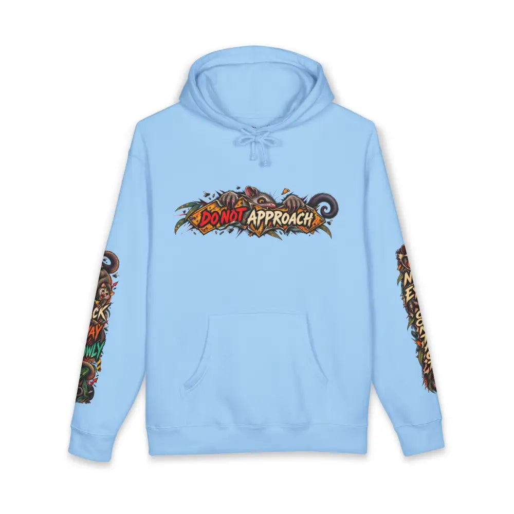 Light blue heavyweight hooded sweatshirt featuring a vibrant do not approach graphic with cartoonish animals on chest and sleeves