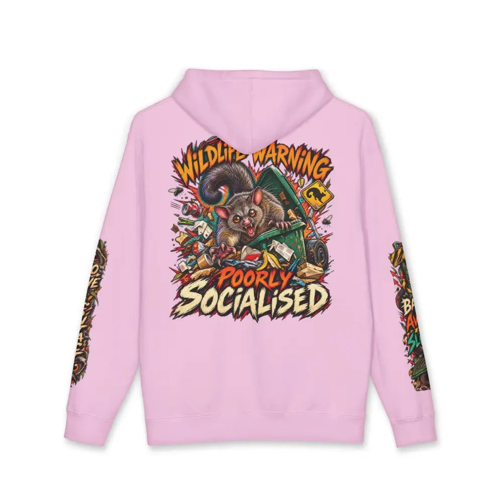 Pink heavyweight hooded sweatshirt with vibrant marsupial graphic and wildlife warning text for casual wear
