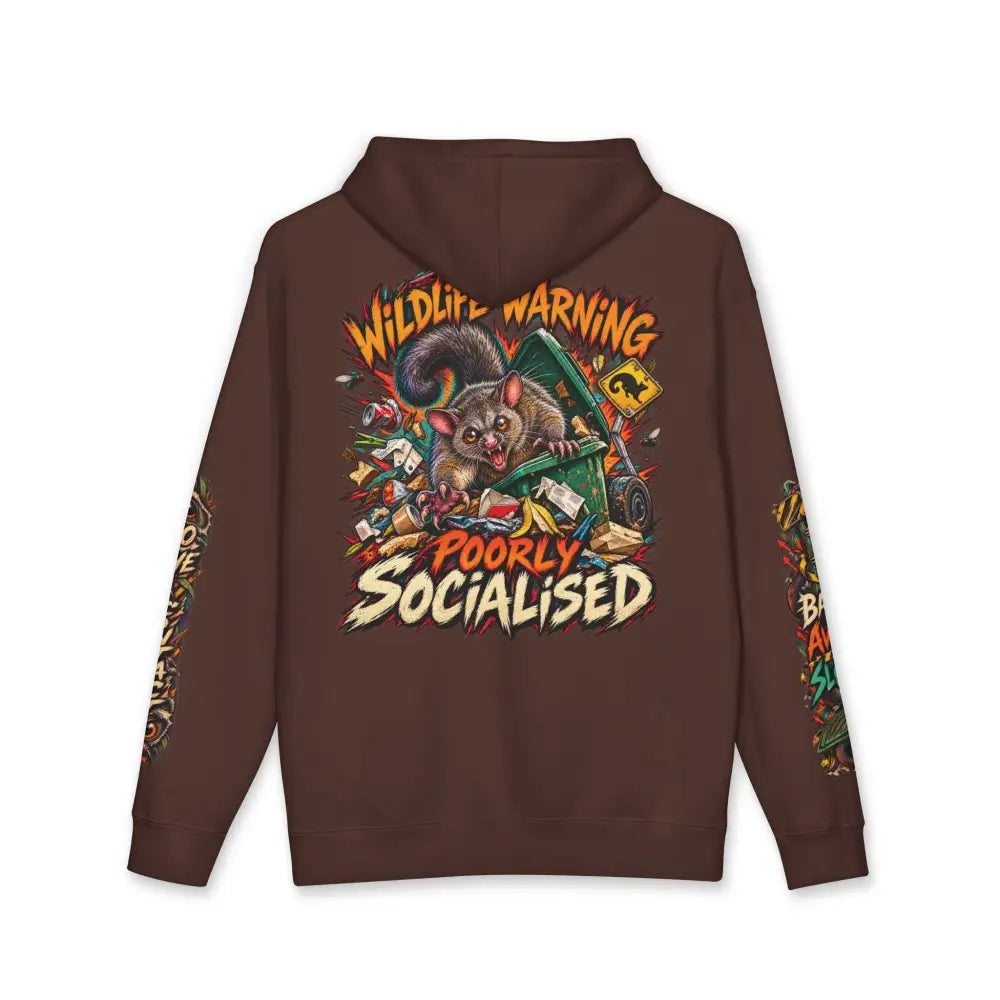Brown heavyweight hooded sweatshirt with vibrant marsupial graphic and wildlife warning text unisex hooded sweatshirt