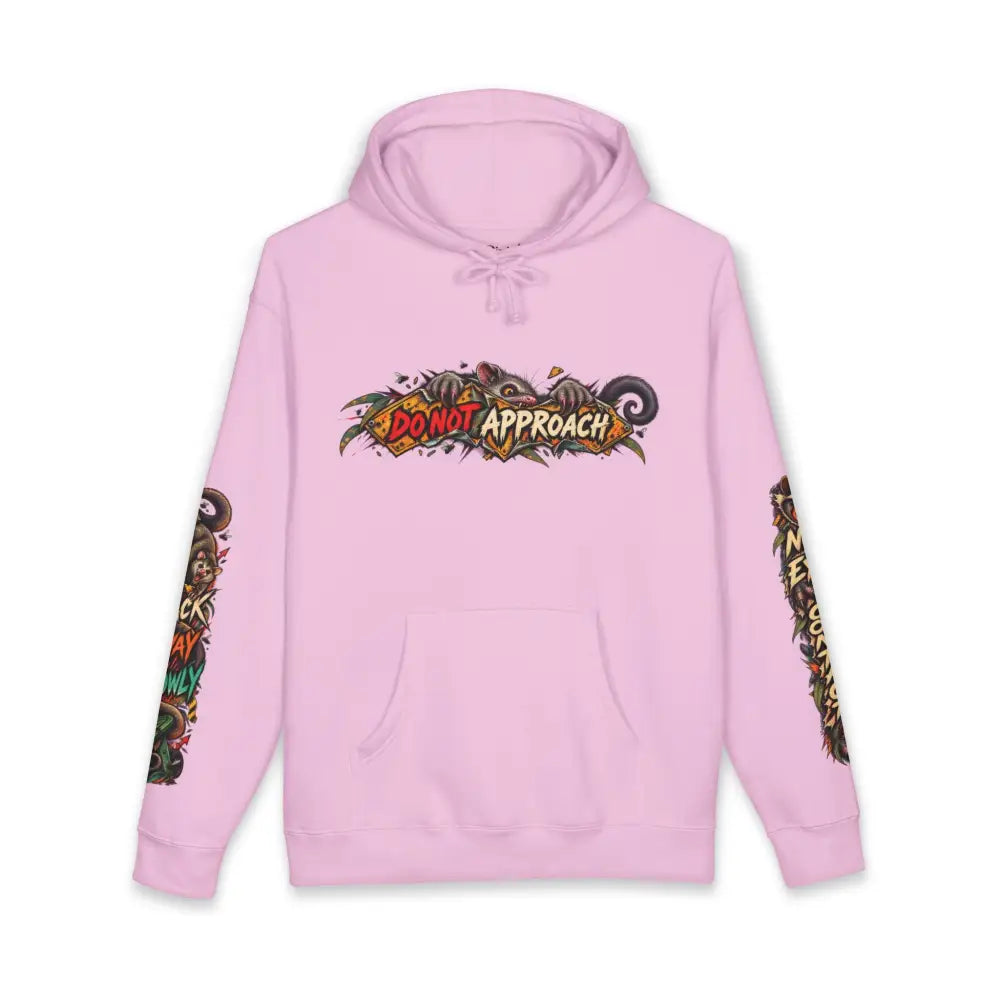 Pink heavyweight hooded sweatshirt with colorful do not approach graphic and matching sleeve designs unisex hoodie