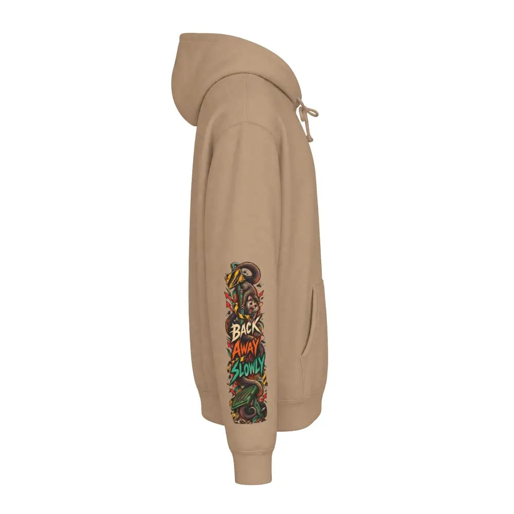 Beige heavyweight hooded sweatshirt with colorful graphic design and text on left sleeve wildlife warning do not approach