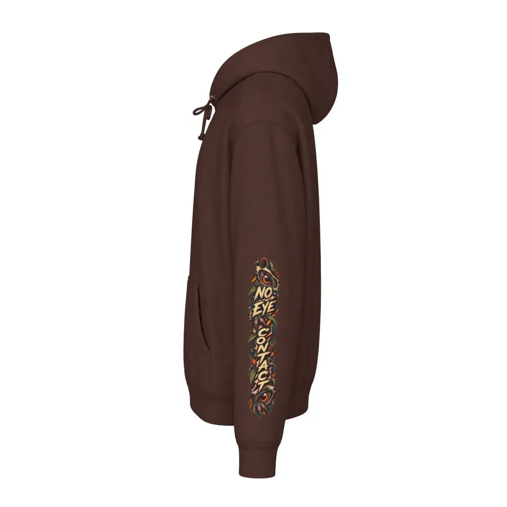 Brown heavyweight hooded sweatshirt featuring a no eye contact graphic on the left sleeve from the wildlife warning collection