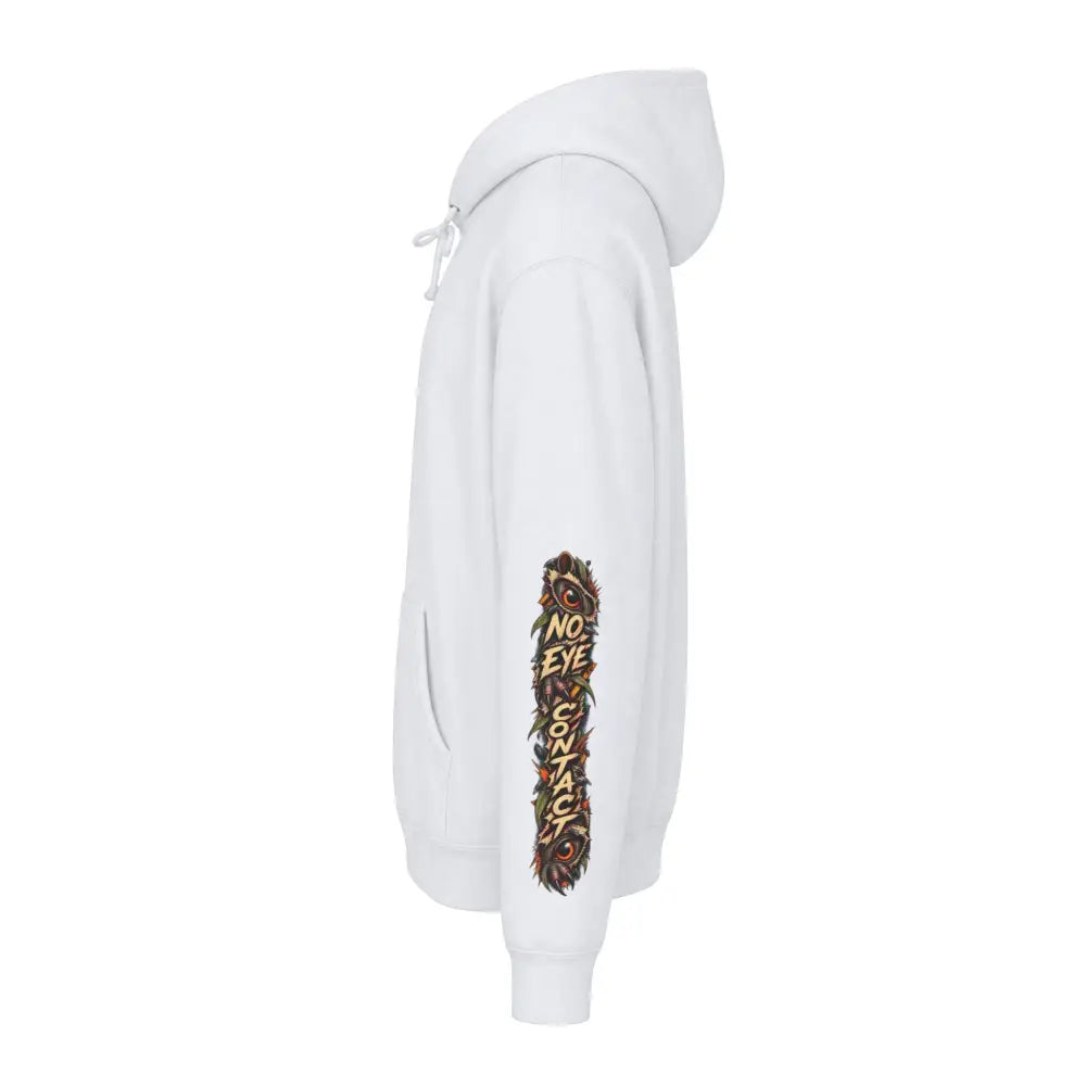 White heavyweight hooded sweatshirt with colorful no eye contact graphic and floral eye motifs on left sleeve