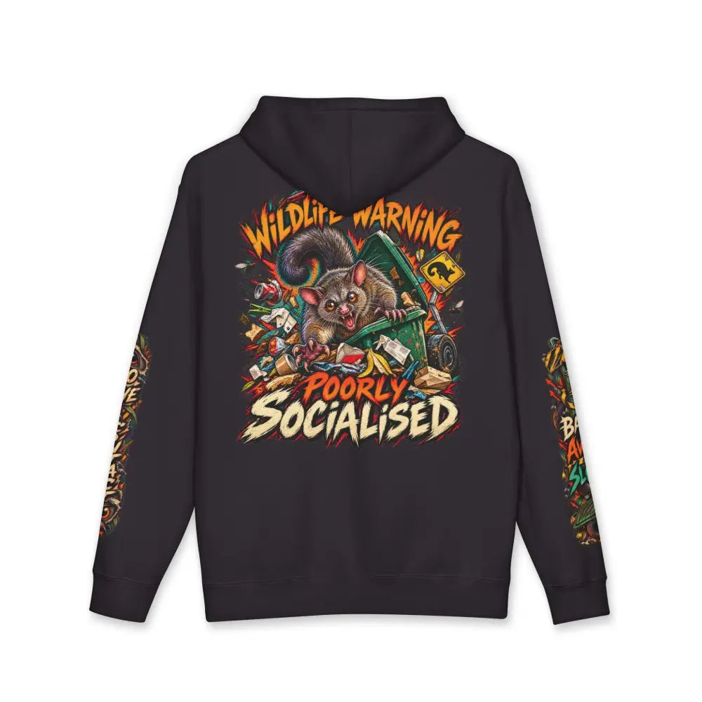 Black heavyweight hooded sweatshirt with a vibrant possum graphic and wildlife warning text for casual wear