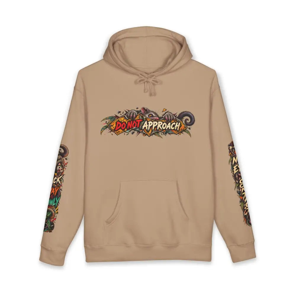 Beige heavyweight hooded sweatshirt with vibrant graffiti style do not approach graphic on chest and sleeves