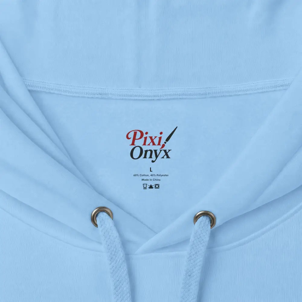 Light blue pixi onyx unisex heavyweight hooded sweatshirt with gold eyelets in soft cotton polyester blend wildlife warning graphic