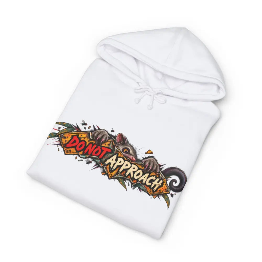 White heavyweight hooded sweatshirt with vibrant opossum graphic holding broken sign wildlife warning design