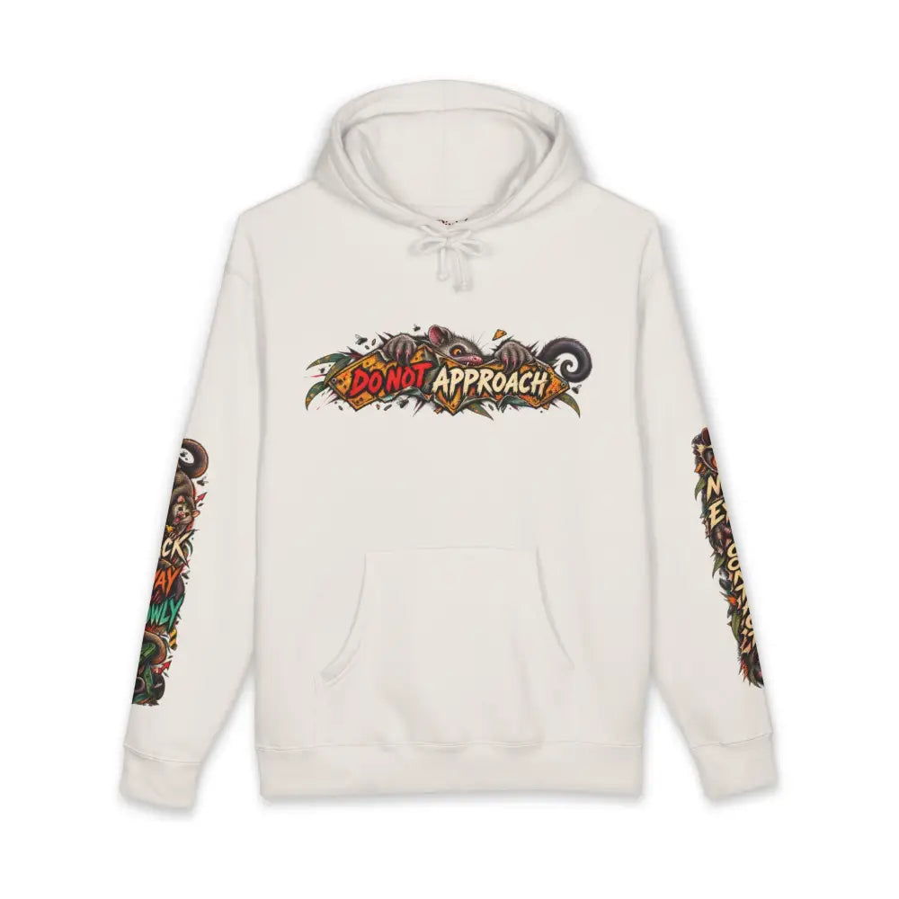Off-white heavyweight hooded sweatshirt featuring vibrant do not approach graphic with stylized rats and detailed sleeve designs