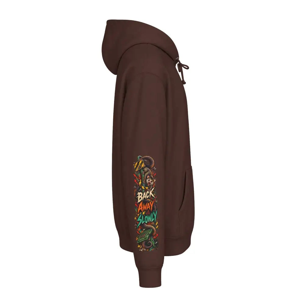 Brown heavyweight hooded sweatshirt with a colorful wildlife warning graphic design on the left sleeve