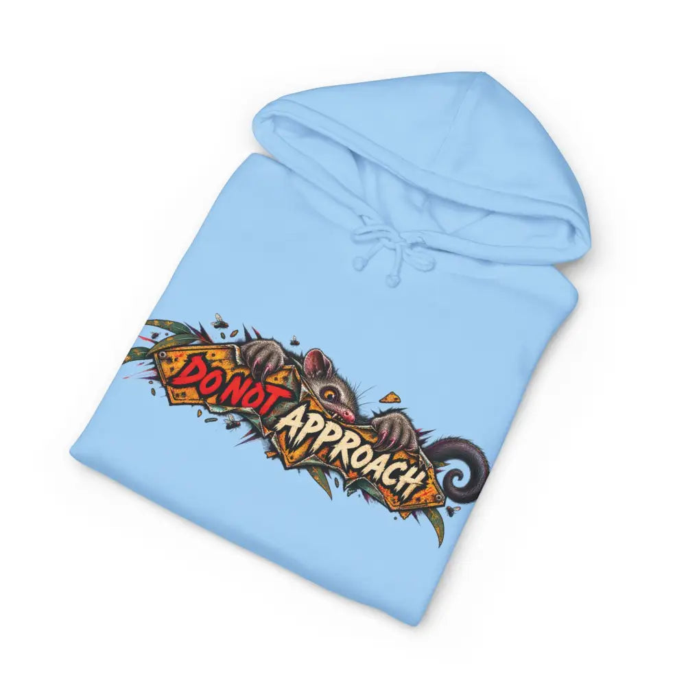 Light blue heavyweight hooded sweatshirt featuring vibrant opossum graphic holding torn do not approach sign unisex hoodie