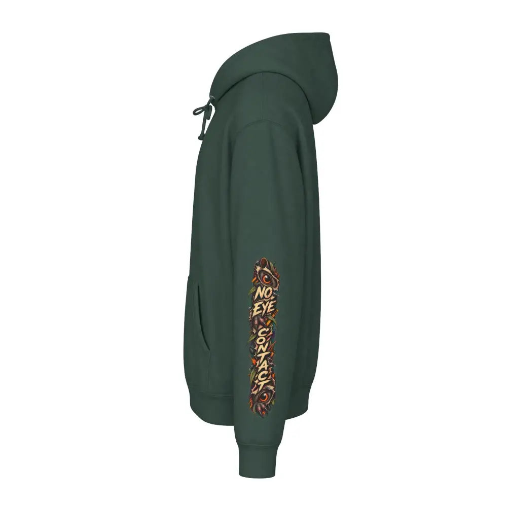 Dark green heavyweight hooded sweatshirt with vertical no eye contact graphic in orange brown and black on left sleeve