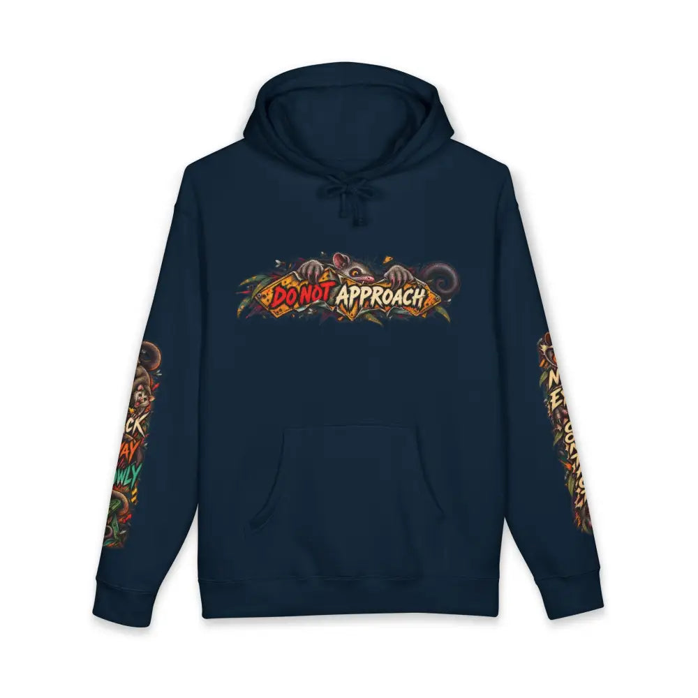 Dark blue heavyweight hooded sweatshirt featuring wildlife warning vibrant do not approach graphic and detailed sleeve designs