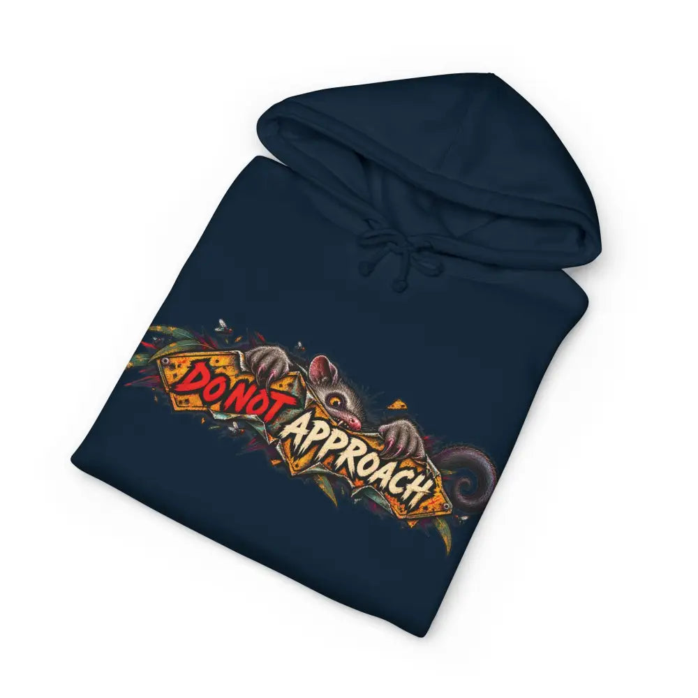 Navy blue heavyweight hooded sweatshirt featuring a vibrant cartoon opossum graphic with do not approach sign