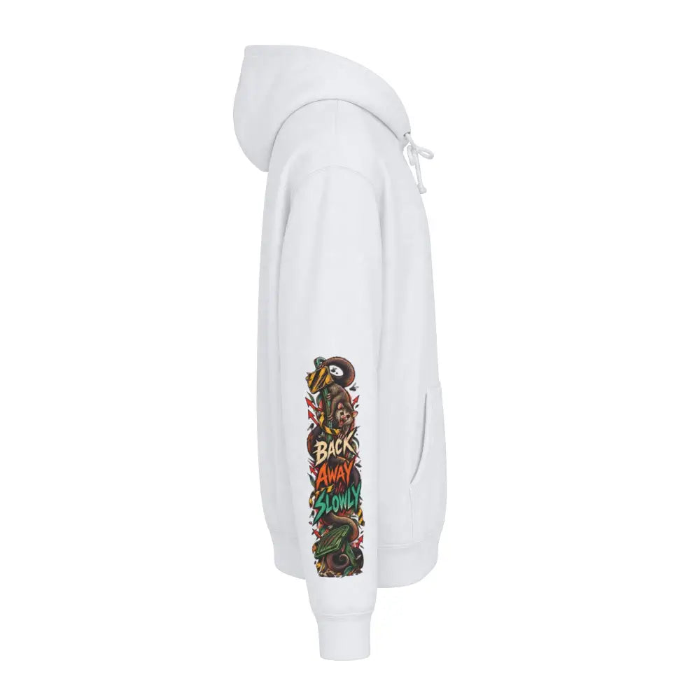 White heavyweight hooded sweatshirt featuring a vibrant vertical wildlife warning graphic on the left sleeve
