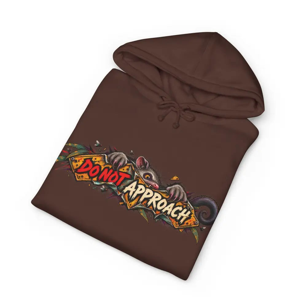 Brown heavyweight hooded sweatshirt with vibrant do not approach opossum graphic from wildlife warning hoodie