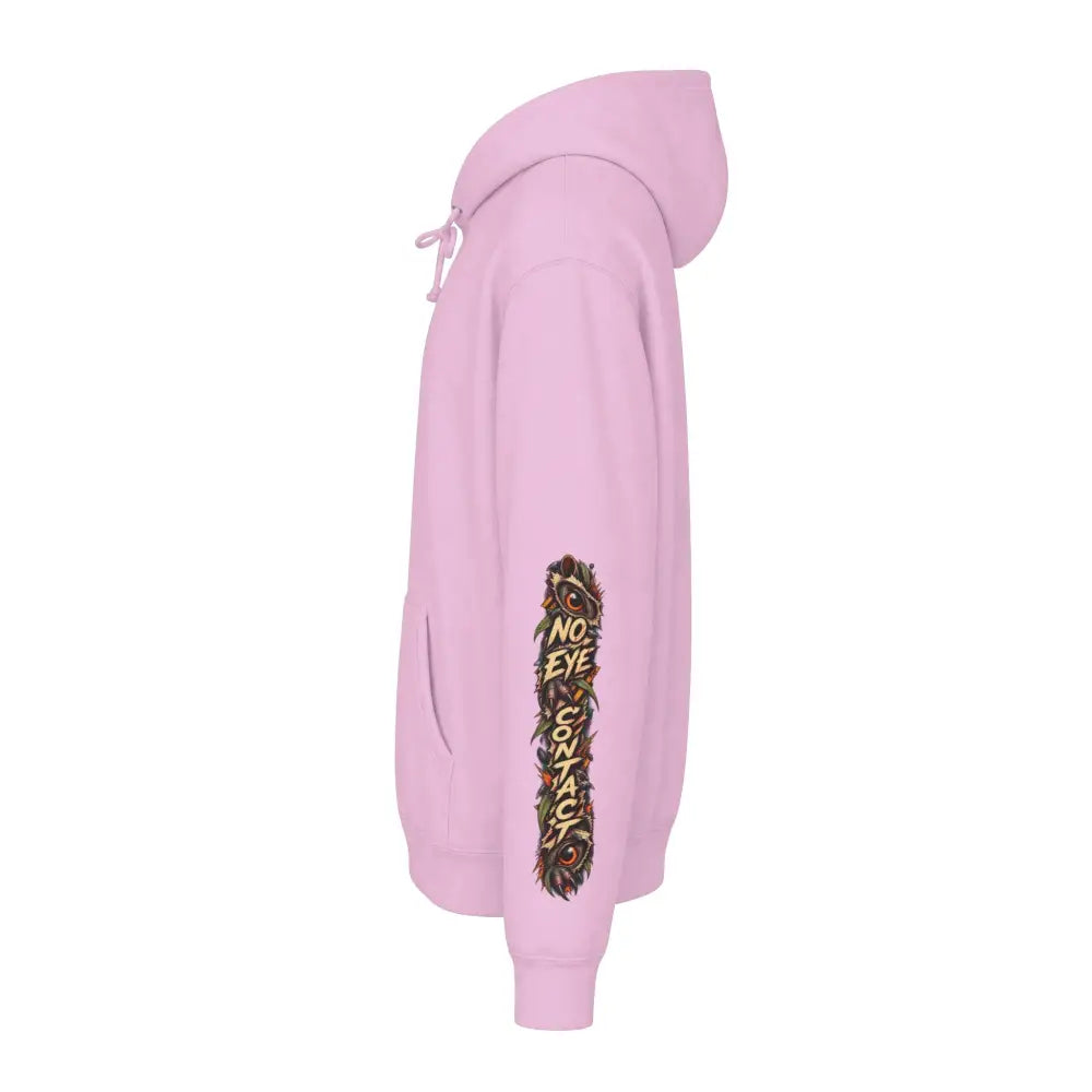 A soft pink heavyweight hooded sweatshirt featuring a no eye contact graphic with intricate feather and eye motifs on the sleeve