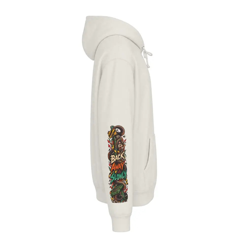 Cream heavyweight hooded sweatshirt with vibrant left sleeve wildlife warning graphic and back away slowly text