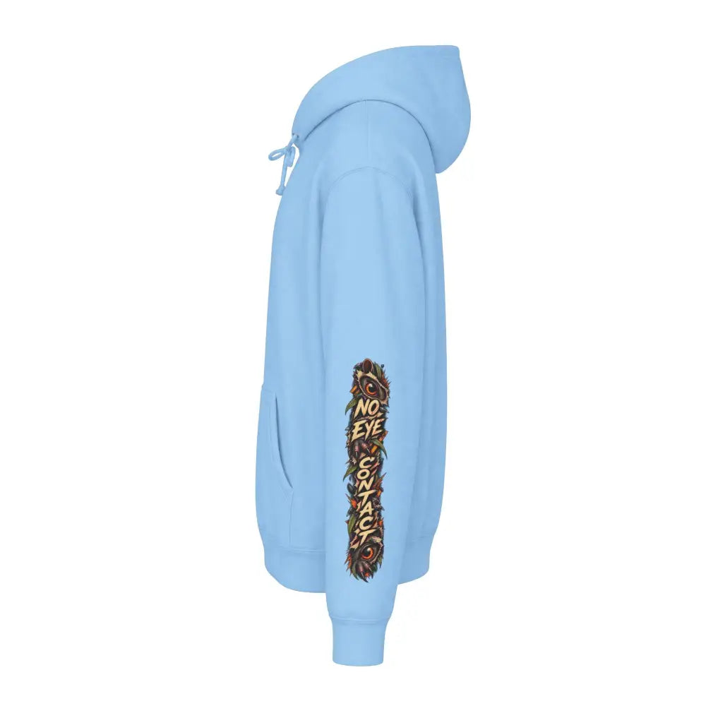 Light blue heavyweight hooded sweatshirt with no eye contact owl graphic and foliage on left sleeve unisex hoodie