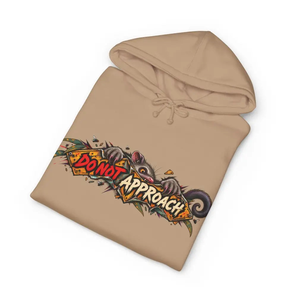 Beige heavyweight hooded sweatshirt featuring a vibrant opossum graphic and bold do not approach text for wildlife warning