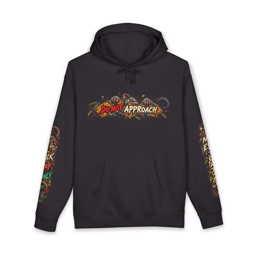 Black heavyweight hooded sweatshirt with vibrant do not approach graphic and colorful tattoo-style sleeve designs
