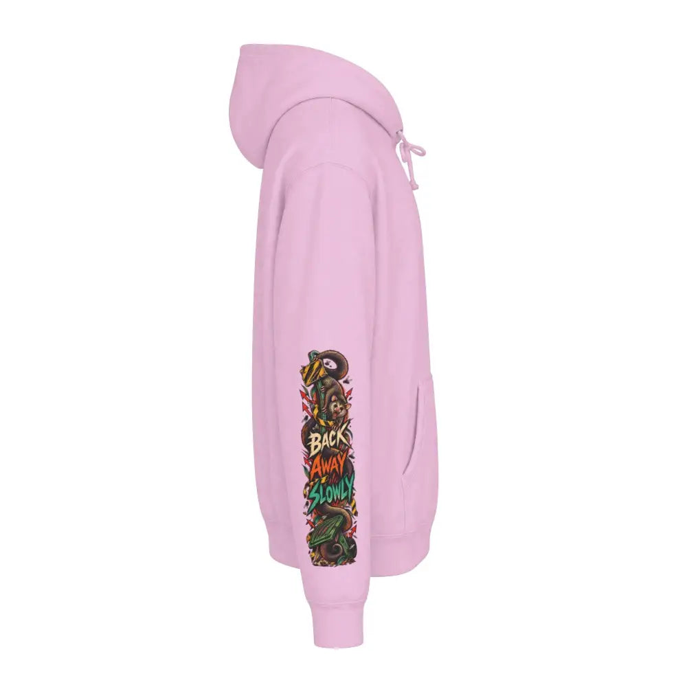 A soft pink heavyweight hooded sweatshirt featuring a vibrant vertical graphic on the left sleeve wildlifewarning