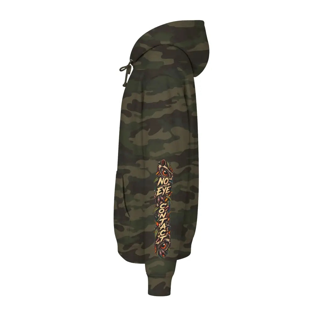 Dark green heavyweight hooded sweatshirt with no eye contact graphic and stylized eye on left sleeve for unisex wear