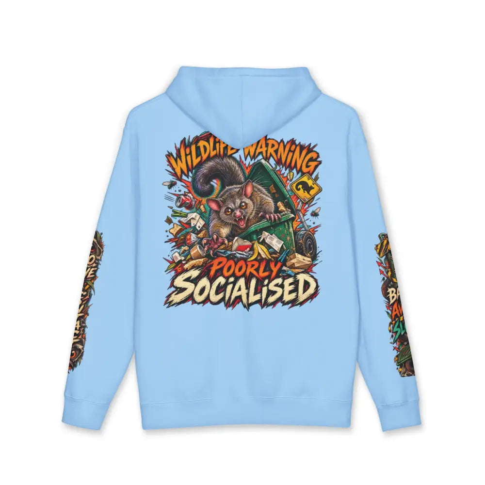 Light blue heavyweight hooded sweatshirt with vibrant wildlife warning graphic featuring marsupial in trash can