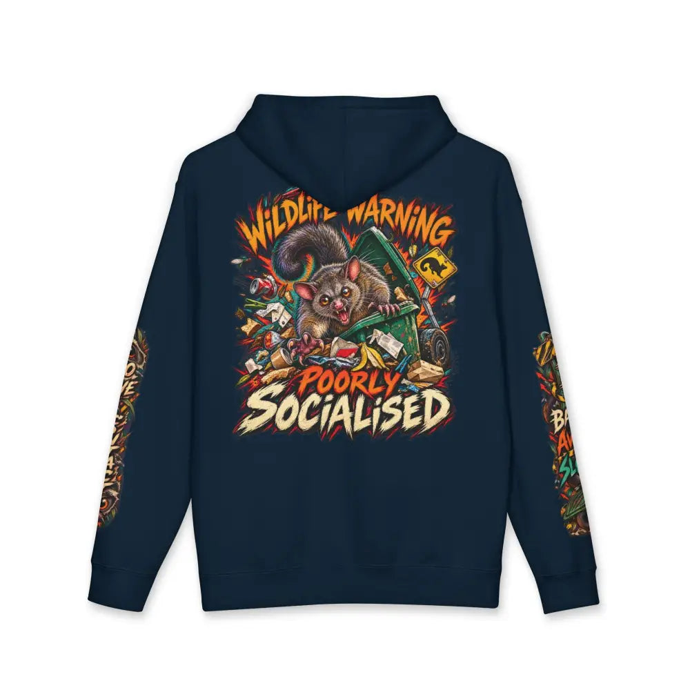Dark navy blue heavyweight hooded sweatshirt featuring a vibrant marsupial graphic with wildlife warning text