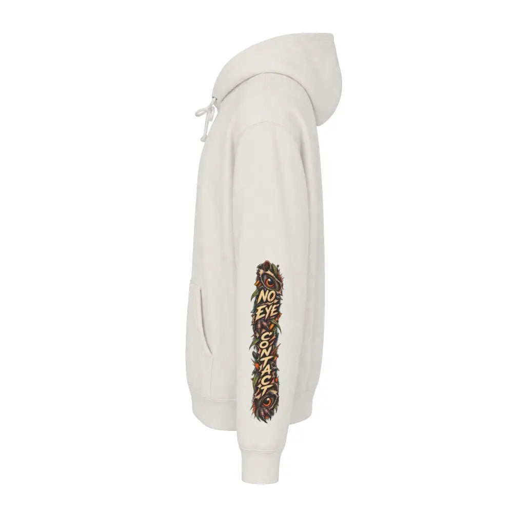 Cream-colored heavyweight hooded sweatshirt with detailed left sleeve graphic and no eye contact text from wildlife warning series