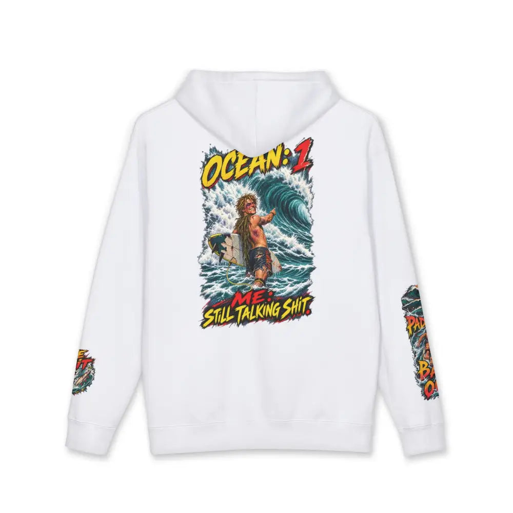 White unisex surf hoodie with vibrant retro comic surfer graphic ocean 1 me still talking shit machine wash max 30c